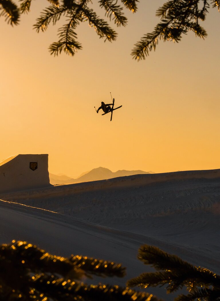 A freestyle skier performs a jump over a kicker in a snow park at golden sunset, framed by fir branches. | © Markus Fischer